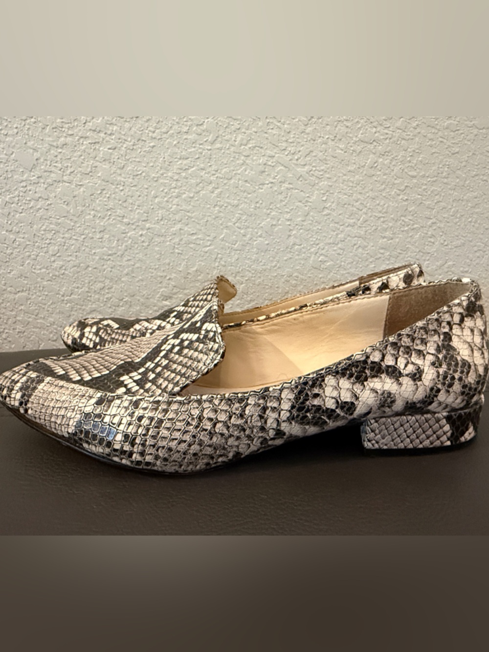 Katherine Kelly Pointed Snake-Print Slip-On Flats in Black and Cream